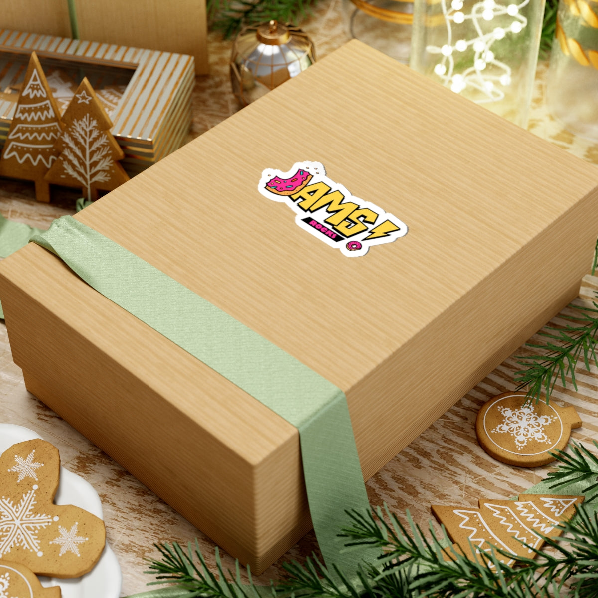 Jam! Rocks Donut Logo Sticker — Retro Yellow Lightning Kiss-Cut Sticker