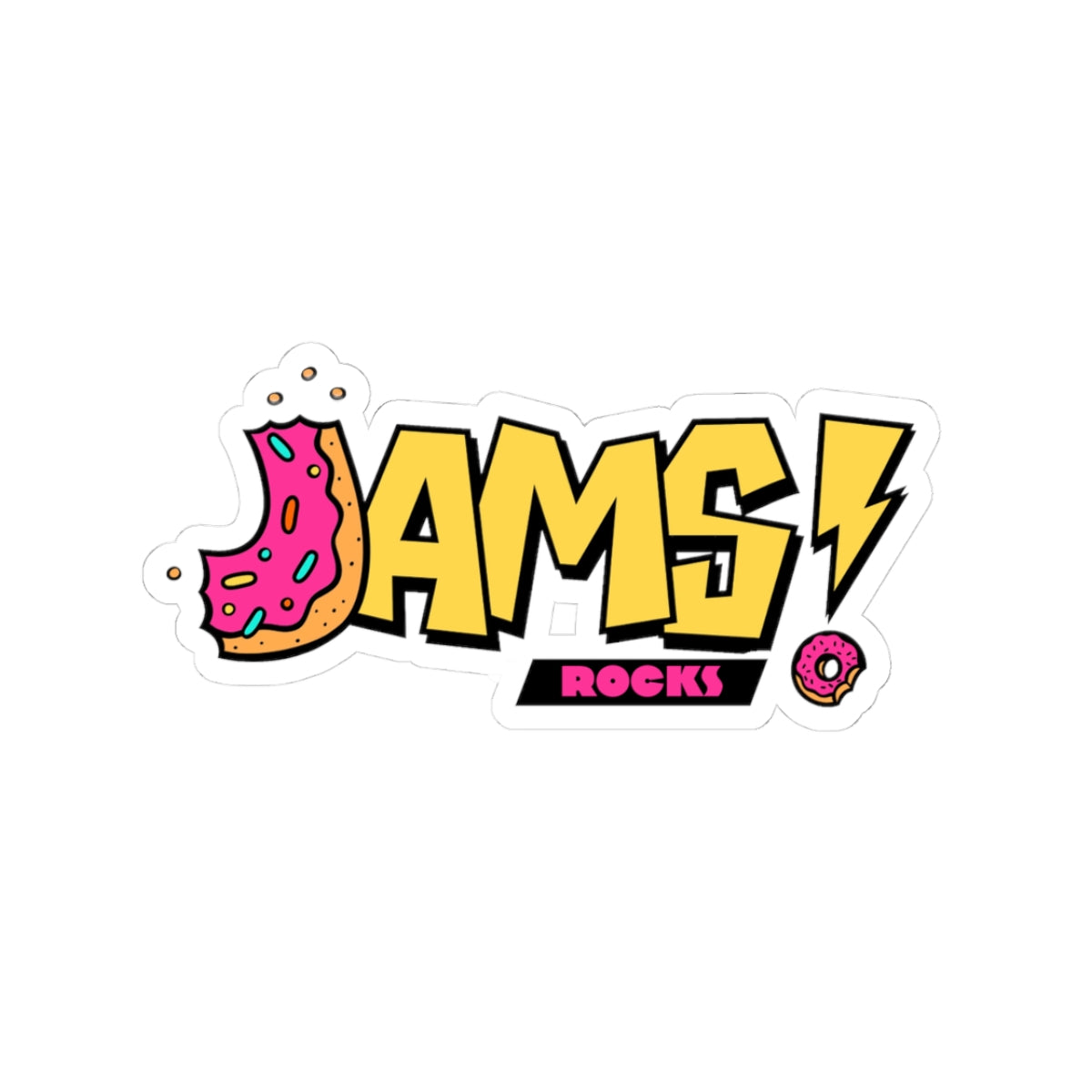 Jam! Rocks Donut Logo Sticker — Retro Yellow Lightning Kiss-Cut Sticker