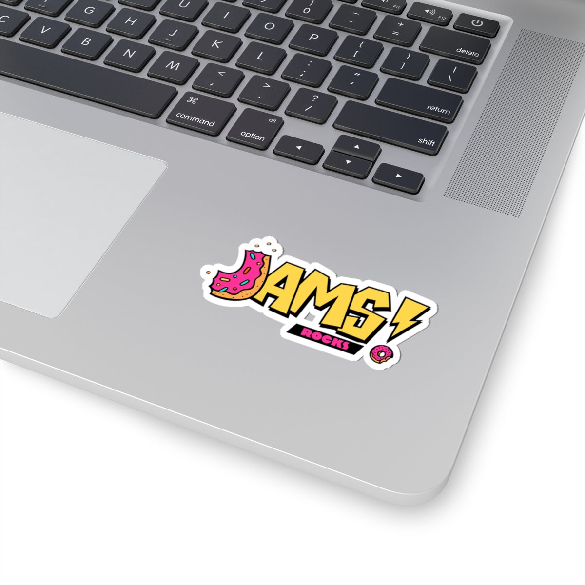 Jam! Rocks Donut Logo Sticker — Retro Yellow Lightning Kiss-Cut Sticker